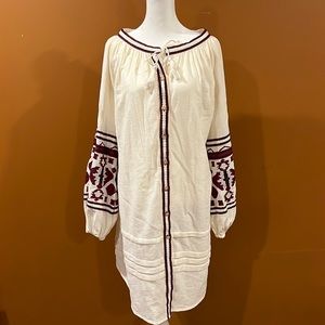 FREE PEOPLE WHITE COTTON LONG SLEEVE DRESS WITH AZTEC PRINT DETAIL SIZE S